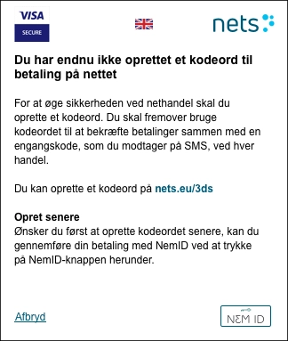 3DS besked når du ikke har oprettet en personlig kode