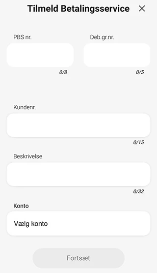 Skærmbillede af hvordan du opretter en betalingsserviceaftale i mobilbanken