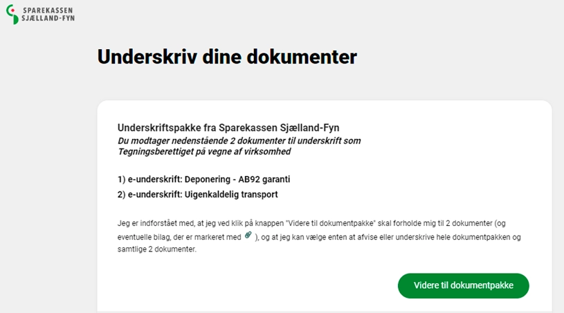 skærmbillede der viser hvordan man går videre til dokumentpakken