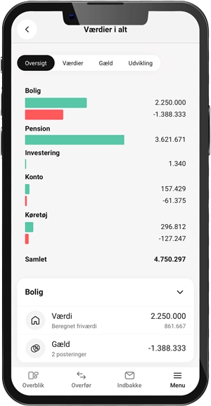 Sådan ser menupunktet værdier i alt ud i din Mobilbank