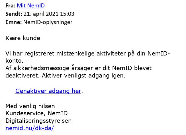 Eksempel på falsk mail fra NemID